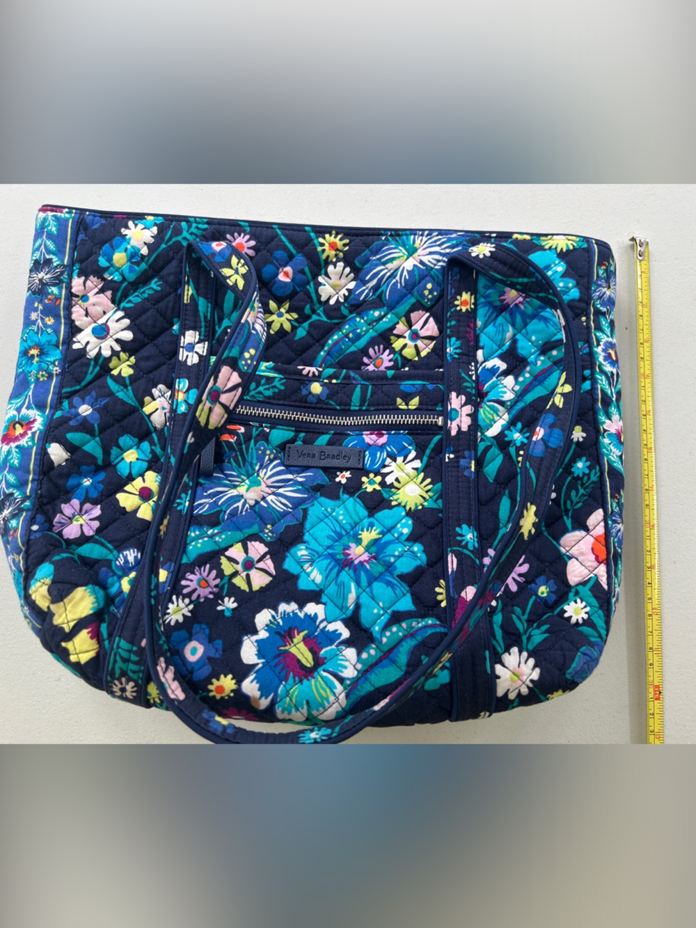 Vera Bradley Navy Quilted Floral Tote with Teal & Pink Accents - Picture 5 of 8